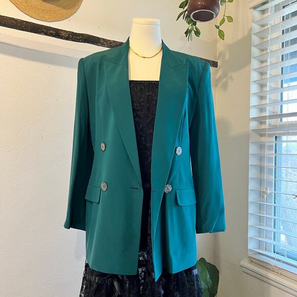Vintage Hugo Buscati Silk Emerald Green Double Button Silk Blazer Jacket Size S - Picture 1 of 11